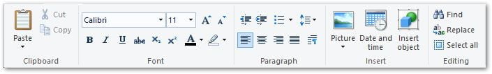 Wordpad Home menu tab